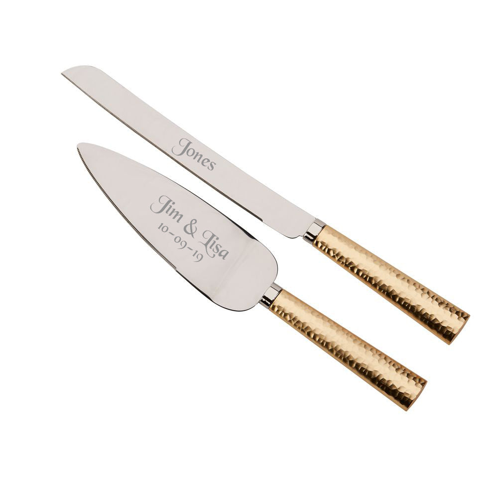 Gold Hammered Handle Knife & Server Set